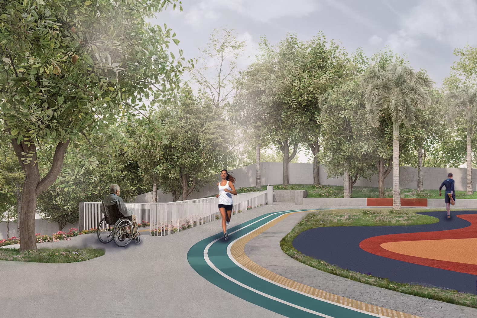 Wheelchair-friendly curved pathways through a green park, with ramped routes and colour-coded jogging tracks, Hyderabad