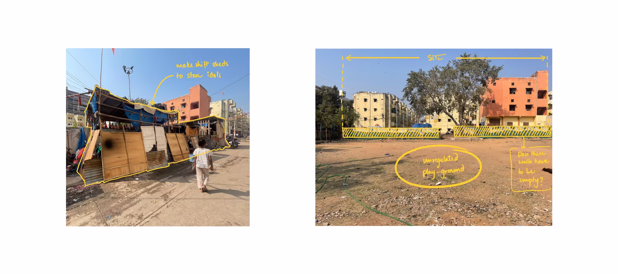 Ground-level site photos of the Phool Bagh project marking makeshift idol sheds and an unregulated playground in Hyderabad