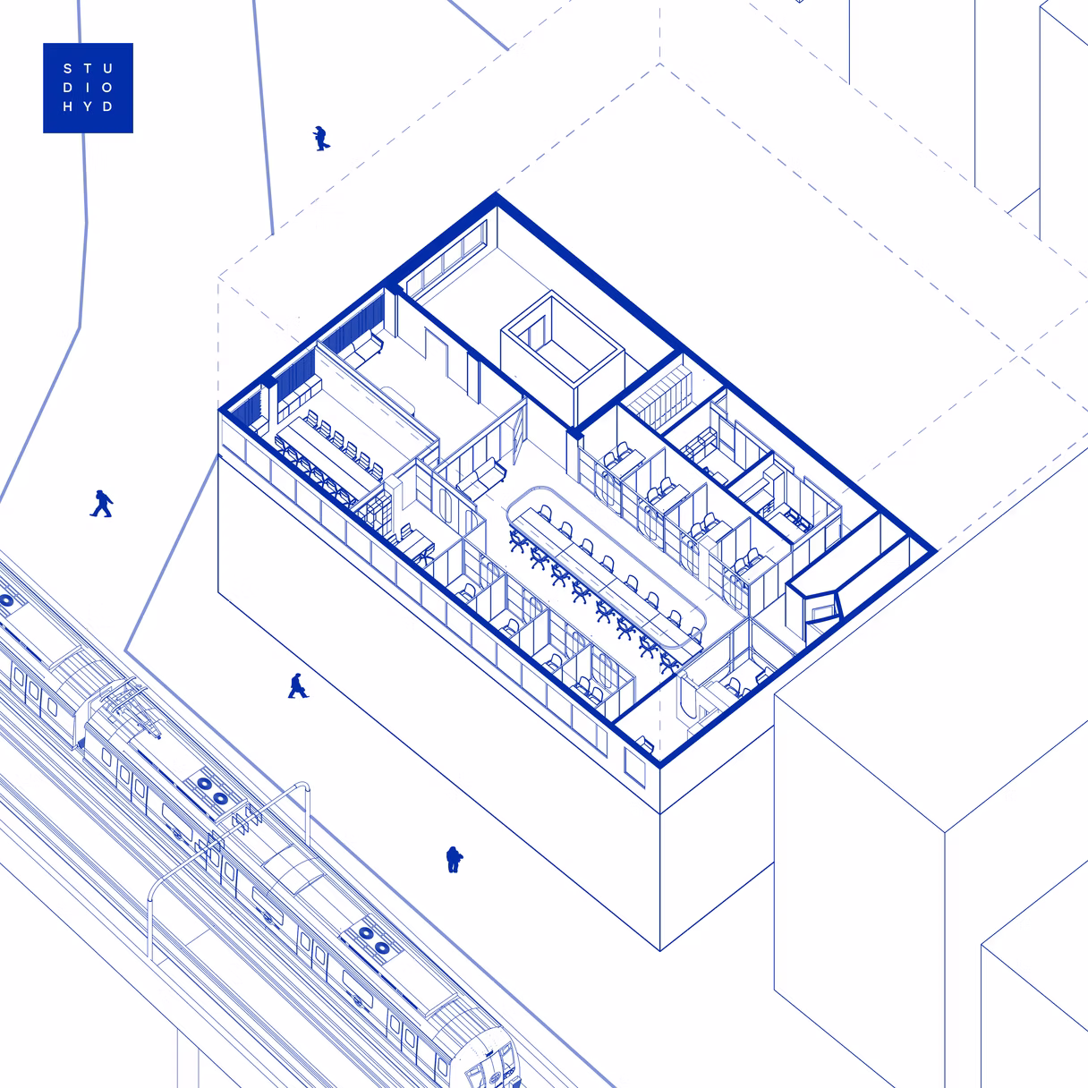 Isometric architectural line-drawing floor plan of the JB'S Pride office layout by Studio HYD, Hyderabad