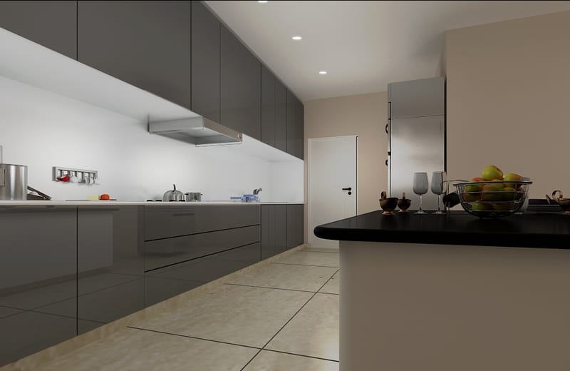 Modern modular kitchen in Hyderabad with glossy charcoal-grey cabinets, white countertops and a black-topped island