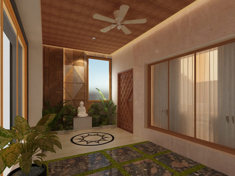 Foyer with seated Buddha, wood-clad ceiling, geometric wall panels and inlaid marble-and-stone flooring, Hyderabad