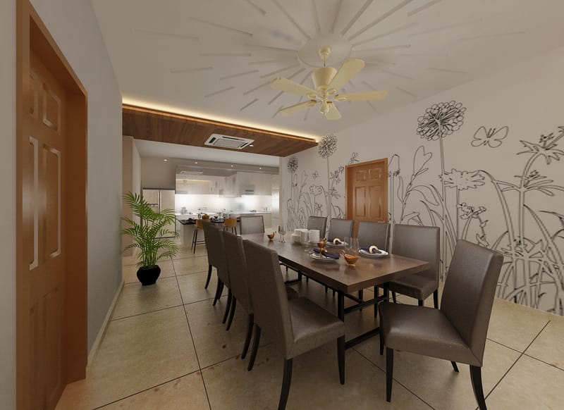 Open dining area with wood-top table, grey upholstered chairs and a line-art floral mural beside the kitchen, Hyderabad