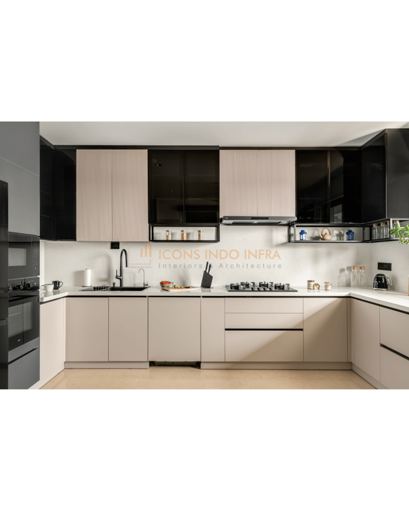 U-shaped modular kitchen in Hyderabad with glossy black and pale wood cabinets, white quartz counters and built-in hob