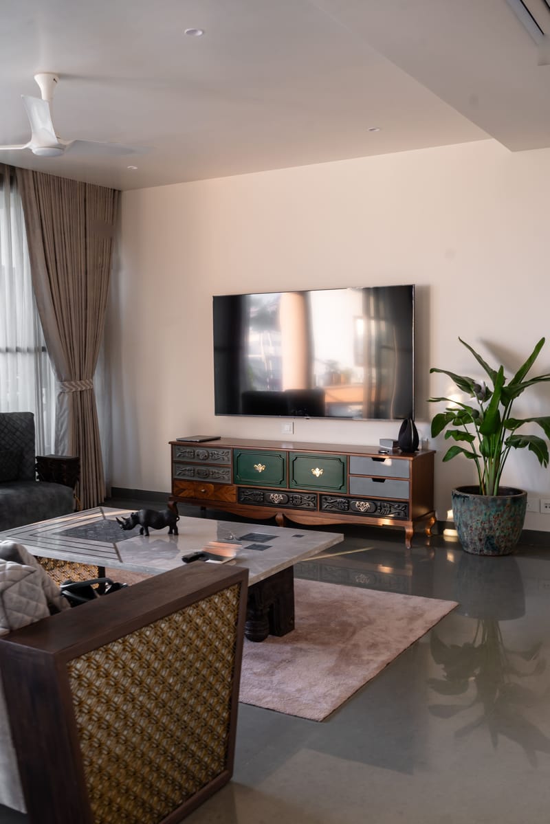 Living room with wall TV above a green hand-painted console, tall indoor plant and cane-back sofa on glossy flooring, Hyderabad