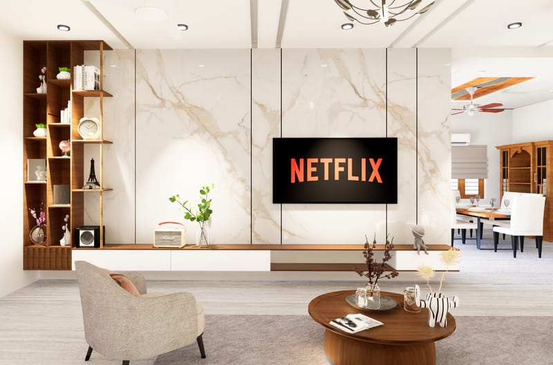 Living room TV unit in marble veneer with open wood shelving and floating console, Hyderabad home renovation