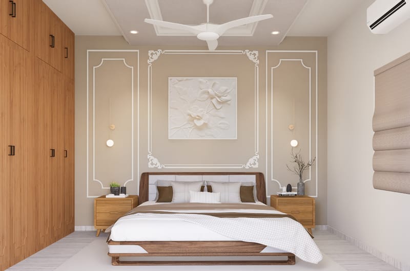 Master bedroom with beige wall mouldings, floral relief art, wood platform bed and slat wardrobe, Hyderabad