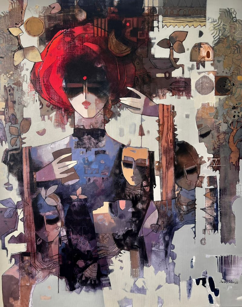 Abstract figurative painting with stylised faces, a red headdress and muted blue and earth-tone collage textures, Hyderabad artist