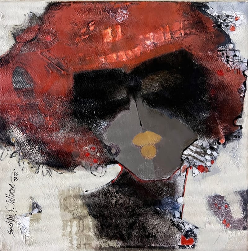 Mixed-media portrait of a figure in a deep red hat with gold and red accents on a pale textured canvas