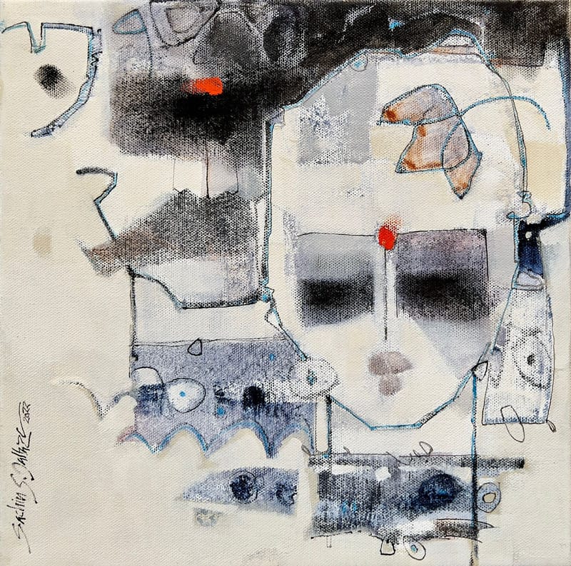 Abstract acrylic painting of a fragmented face in grey, slate blue and cream with red dot accents