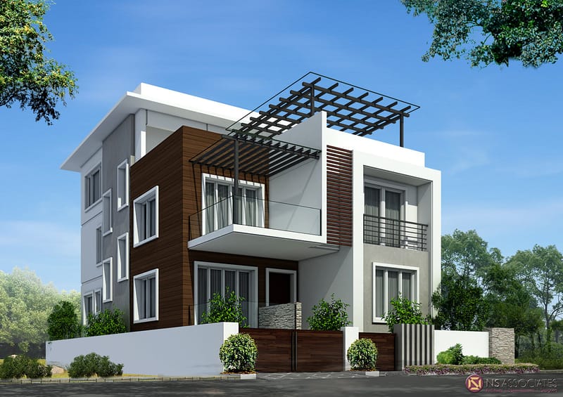 Three-storey home exterior blending white render with wood-clad facade and rooftop pergola, Hyderabad