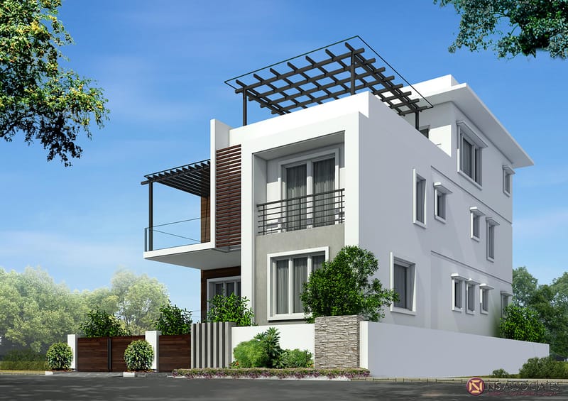 Modern three-storey white residence with pergola, balcony railings and stone-clad gate, Hyderabad
