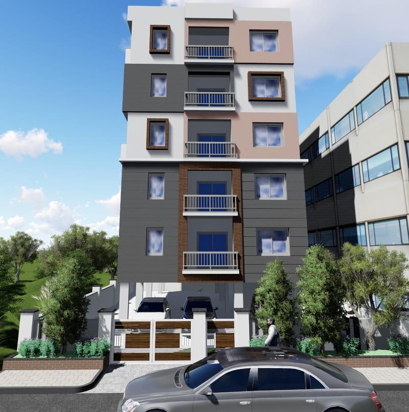 Street-view render of a tall residential building with grey cladding, wood accents and balconies under blue sky, Manikonda Hyderabad