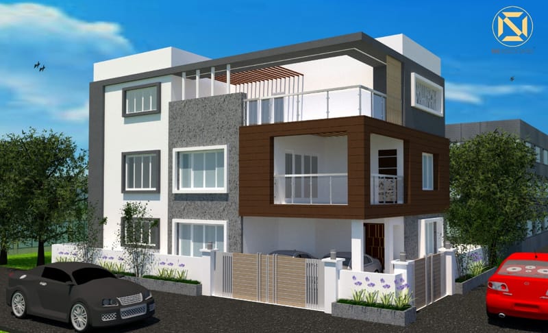 3D render of a three-storey Hyderabad villa with white and wood-clad facade and glass balcony railings at Dandamudi Colony