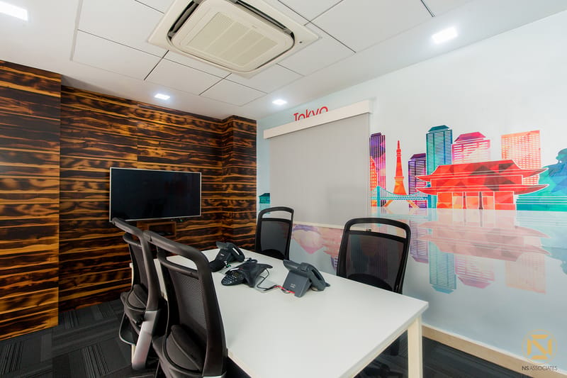 Tokyo-themed meeting room with wood-grain wall, wall-mounted TV and a colourful city-skyline mural, Hyderabad