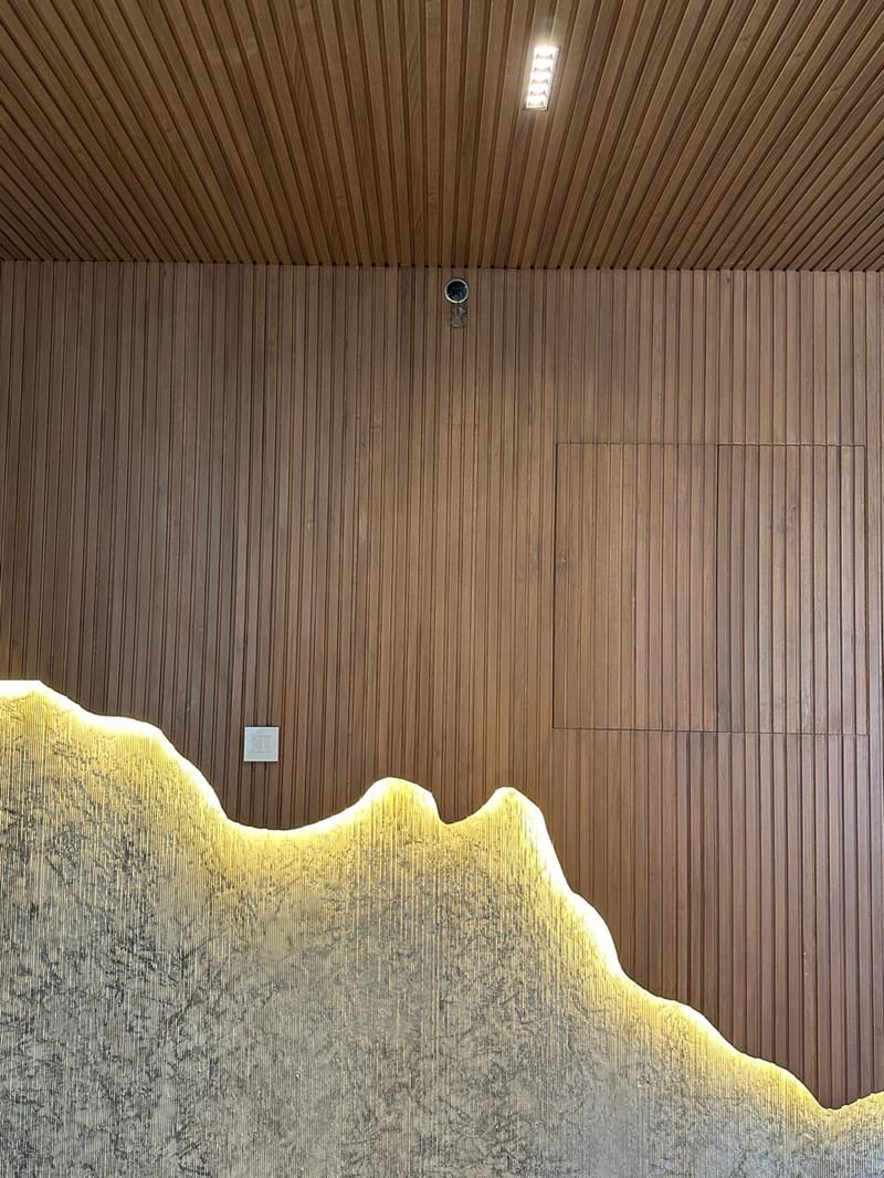 Wood-slat feature wall with backlit textured stone panel and recessed ceiling spotlights, Hyderabad