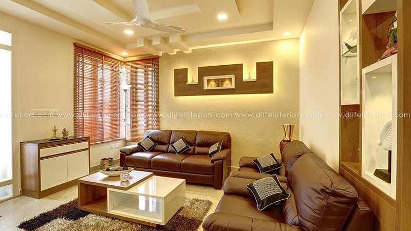Living room with brown leather sofa set, lit wood wall niche, shag rug and glass display cabinet, Hyderabad