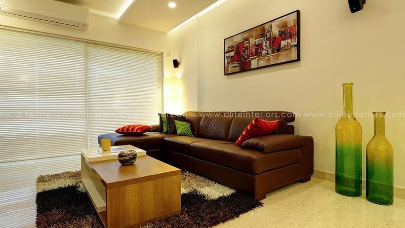 Living room with brown leather L-sofa, wood coffee table, framed cityscape art and shag rug, Hyderabad full-home interior