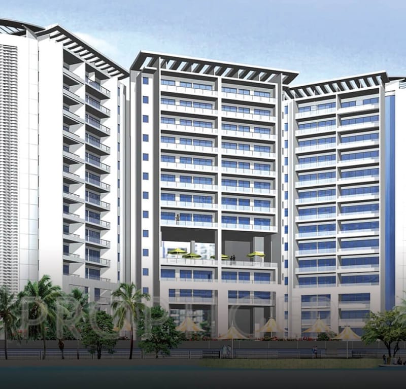 High-rise apartment towers rendered with glass balconies and landscaped courtyard, residential project exterior, Hyderabad