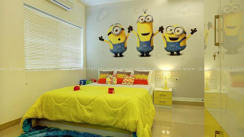 Children's bedroom with playful Minions wall mural and bright yellow bedspread on a low platform bed, Hyderabad