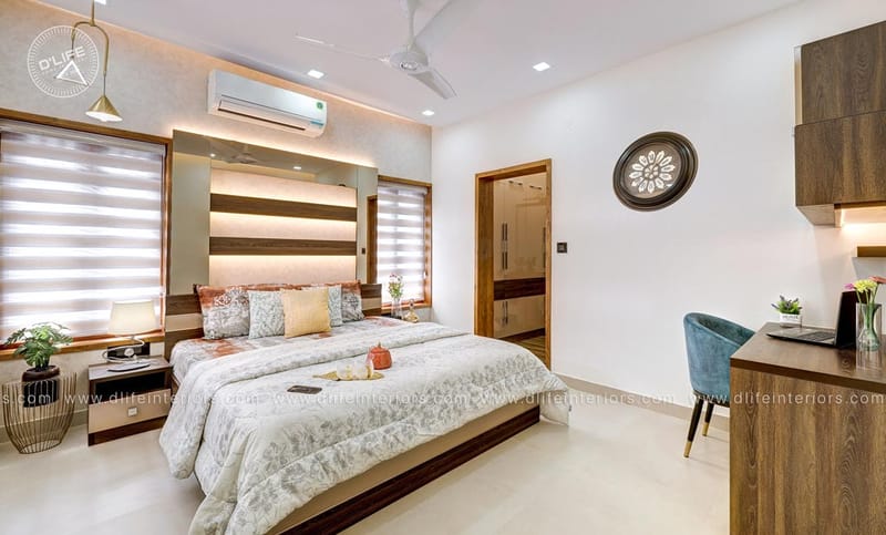Bedroom with backlit slatted headboard, zebra blinds, walnut wardrobe and blue velvet study chair, Hyderabad
