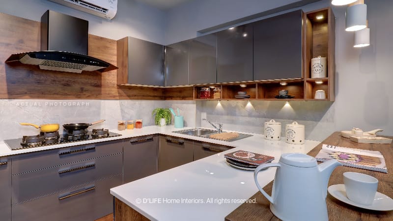 L-shaped kitchen with grey gloss cabinets, wood open shelving, black chimney and white quartz countertop, Hyderabad