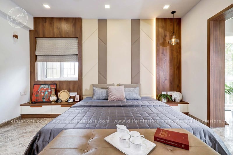 Bedroom with chevron upholstered headboard, walnut accent panels and a tufted leather bench, Dlife full home Hyderabad