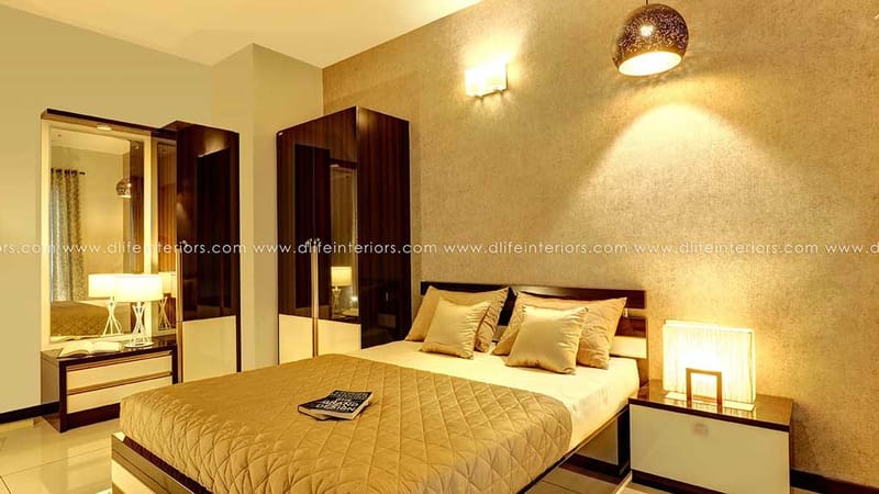 Bedroom in warm gold tones with mirrored sliding wardrobe, glossy headboard and lantern pendant light, Hyderabad