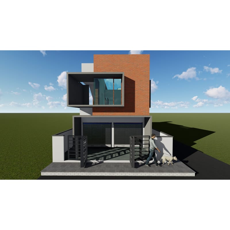 3D architectural model of a student hostel exterior in brick and grey concrete with cantilevered upper block, Suryapet