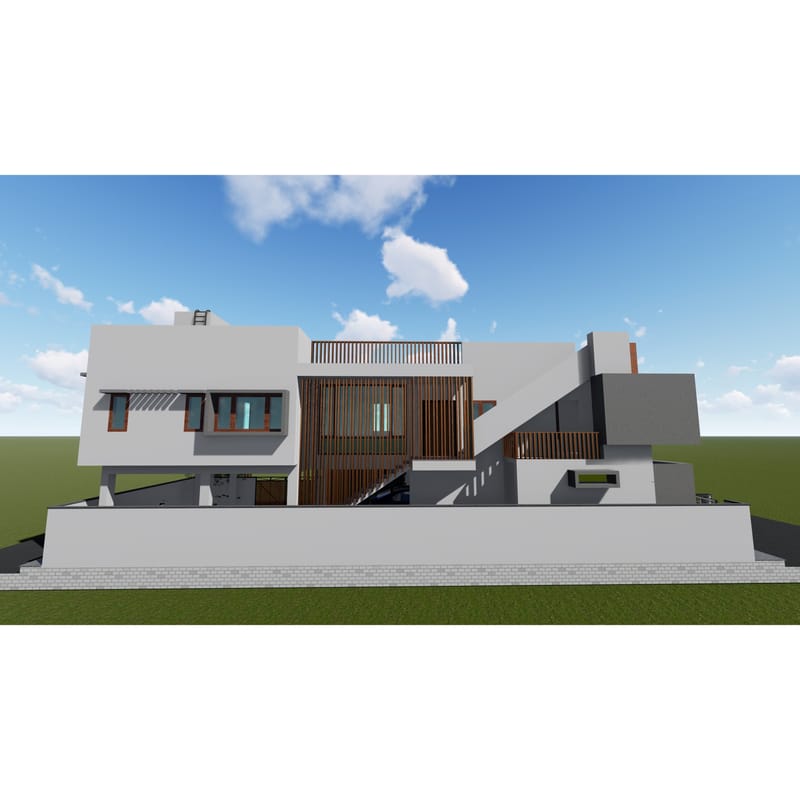 Side elevation 3D model of a student hostel with vertical timber screen, terrace parapet and white concrete massing, Suryapet