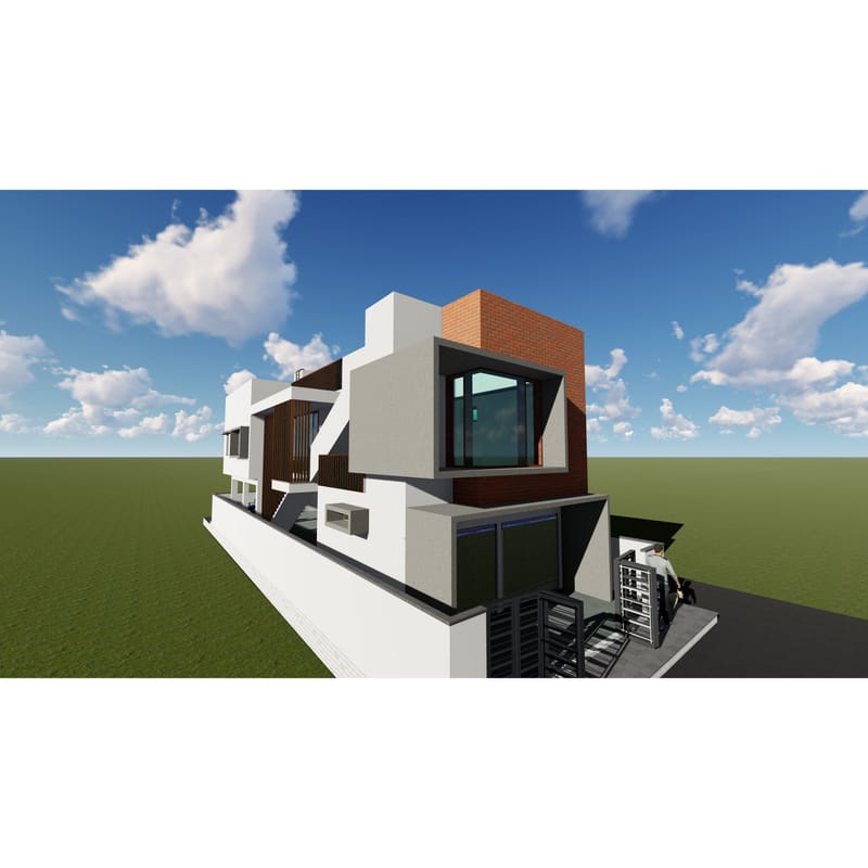 Rear-corner 3D render of a student hostel with brick-and-white volumes, glazed corner room and external stair, Suryapet