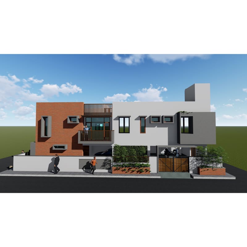 Student hostel front elevation render with red-brick block, balcony, ribbon windows and street-side compound wall, Suryapet