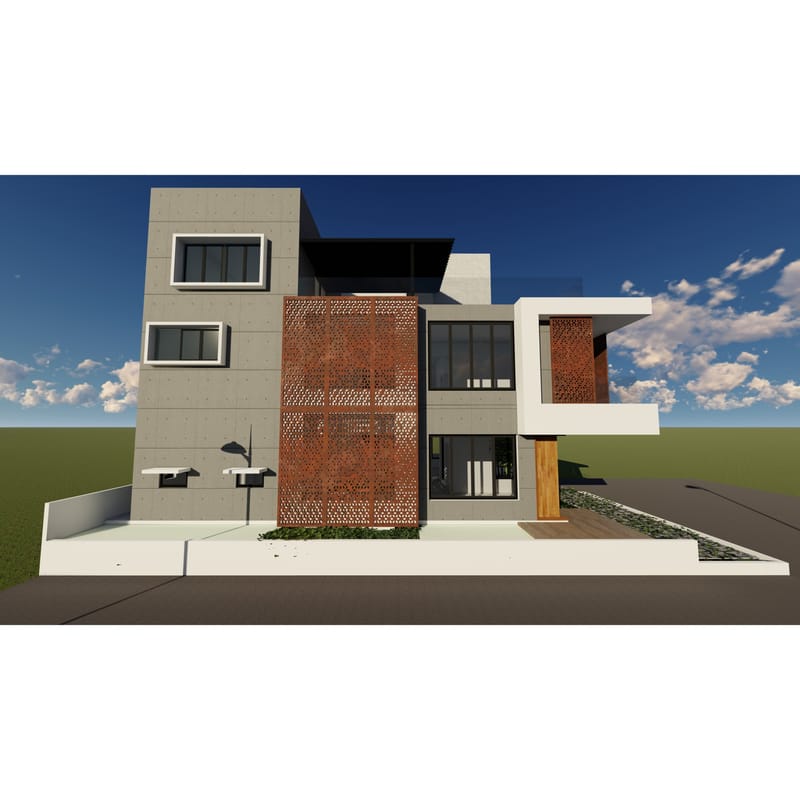 Full villa elevation render mixing grey stone, a terracotta jali feature wall and white cantilevered volumes, Hyderabad
