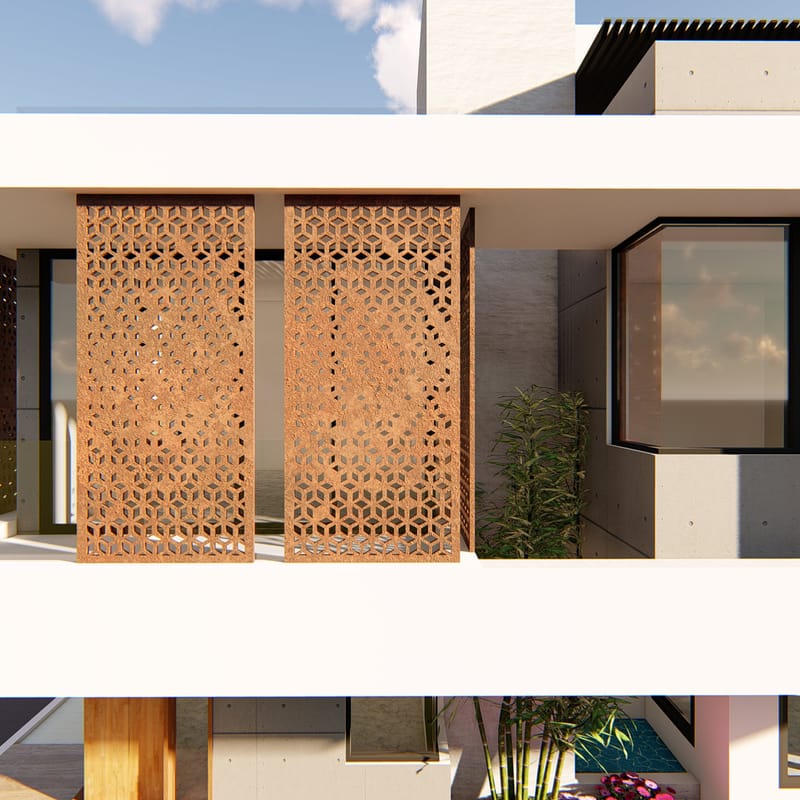 Laser-cut wooden jali screen panels with geometric lattice on a villa balcony, framed by bamboo and a dark window
