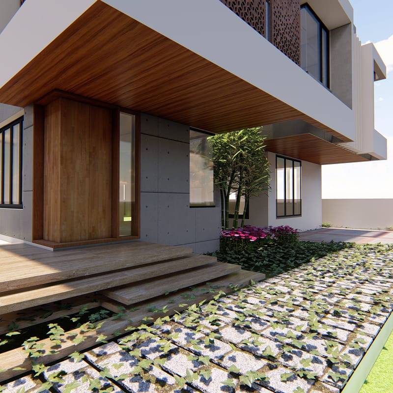 Villa entrance porch with timber-clad soffit, wooden pivot door and stepped deck beside a grass-paver path, Hyderabad