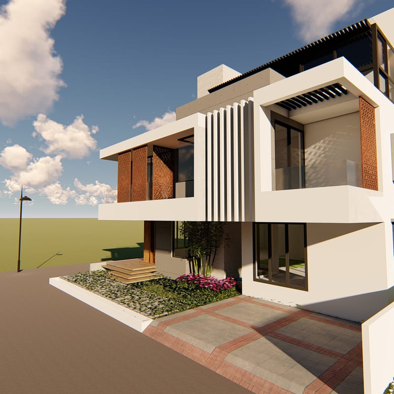 Villa exterior render with white volumes, vertical louvres and stone-paved entry under blue sky, Hyderabad