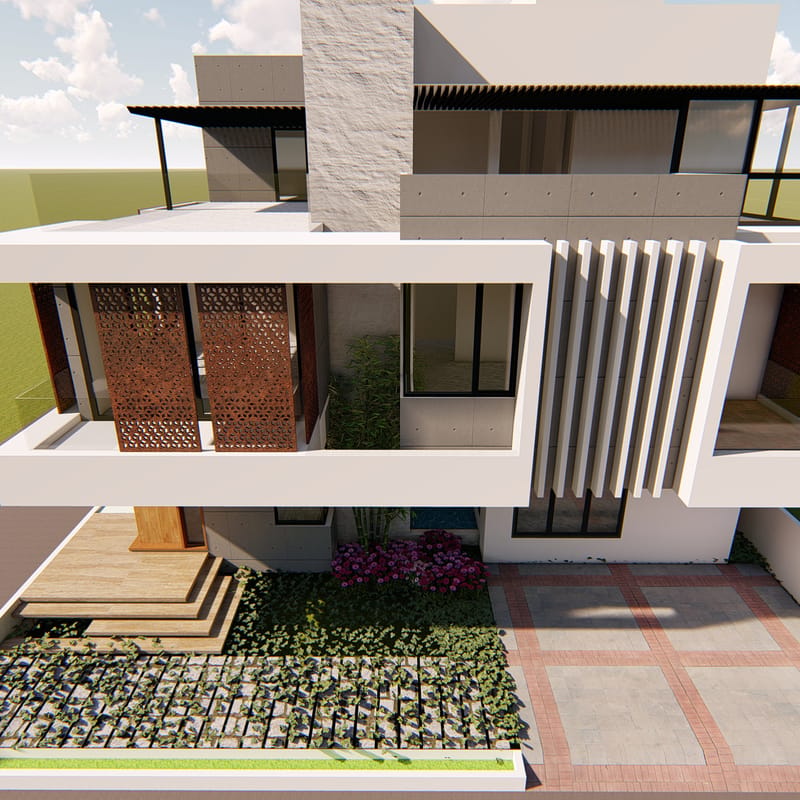 Modern villa front elevation with vertical louvers, jali screen and cantilevered balcony over a grass-paver path, Hyderabad