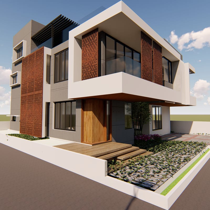 Contemporary two-storey villa render, angled view showing perforated brick screens and timber door, Hyderabad