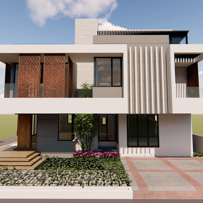Modern villa exterior render with terracotta jali screens, vertical fins and landscaped entry, Hyderabad