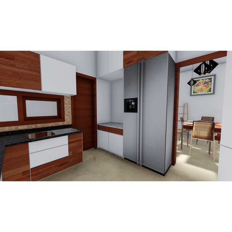 Kitchen render with stainless side-by-side refrigerator, wood-grain cabinets and built-in oven, opening to a dining corner, Hyderabad