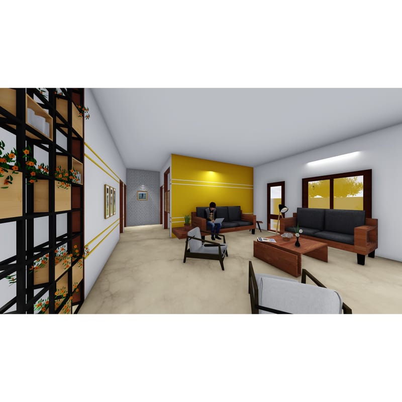 Wider living room view with a planter divider shelf, seating cluster and mustard accent wall in warm light, Hyderabad