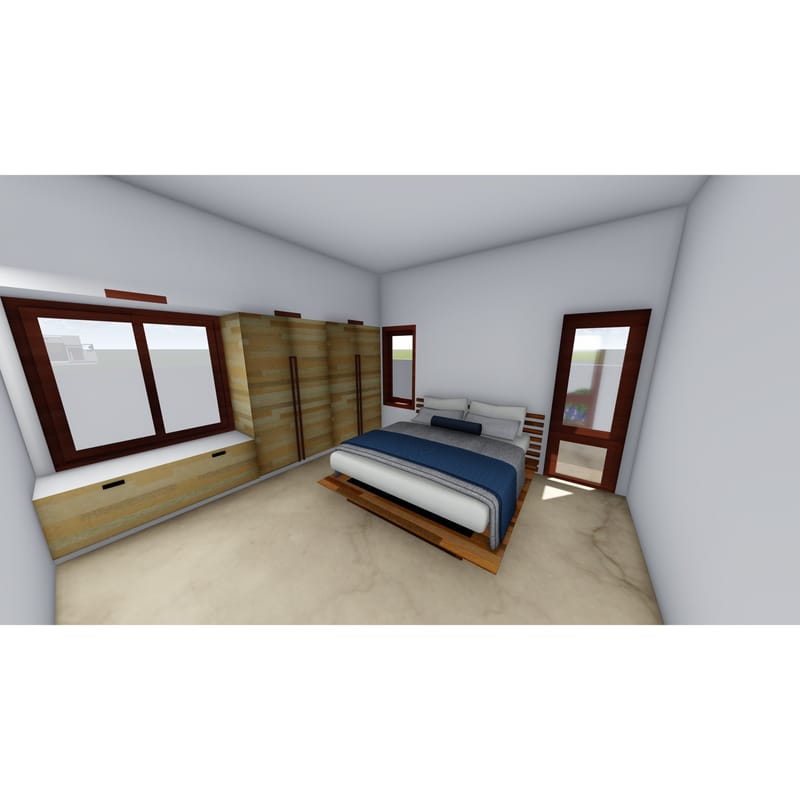 3D bedroom render with floating wooden platform bed, blue and grey bedding and full-height wardrobe, Hyderabad