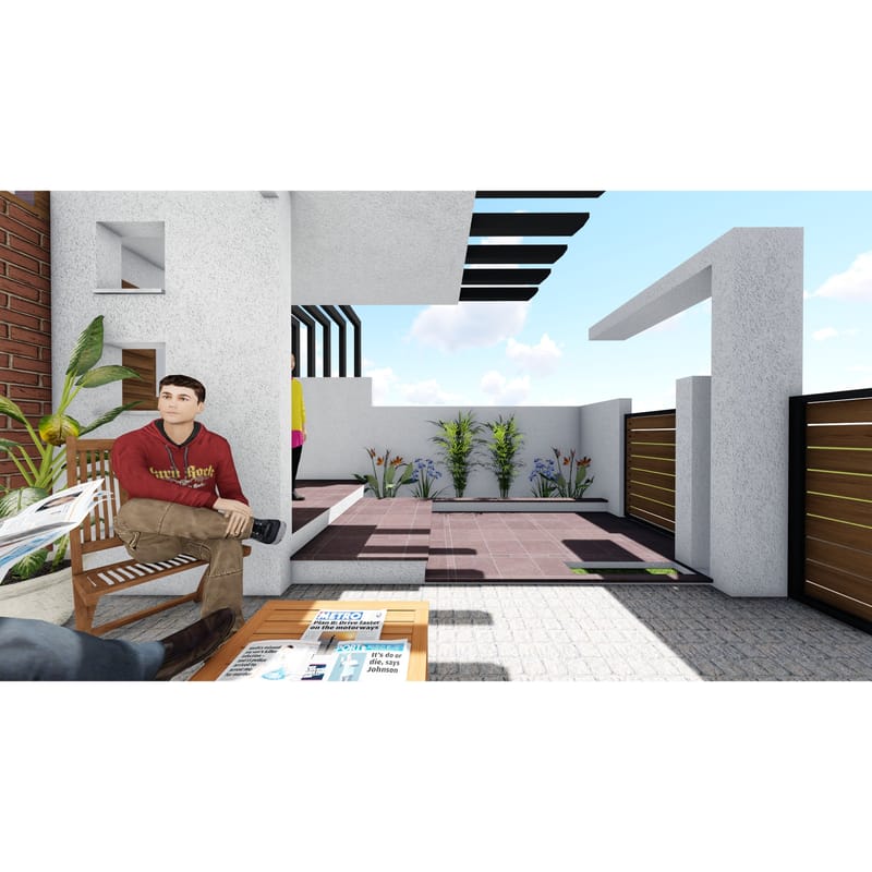 Outdoor terrace render with slatted pergola, paved patio in pink and grey, raised planters with flowering shrubs and timber boundary fence, Hyderabad