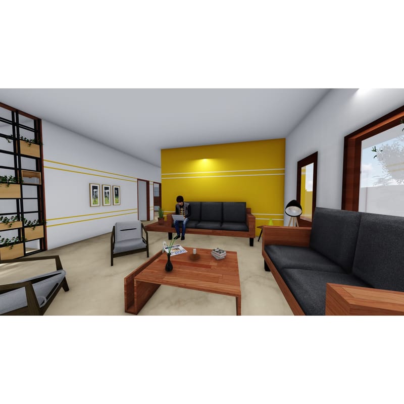Living room with mustard accent wall, charcoal wood-framed sofas, low timber table and a vertical planter shelf, Hyderabad