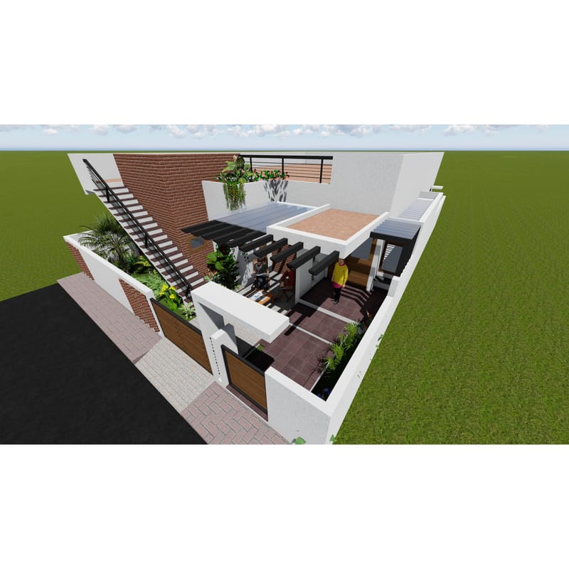 Aerial 3D render of a Hyderabad residence terrace with steel pergola, courtyard seating and brick accent walls