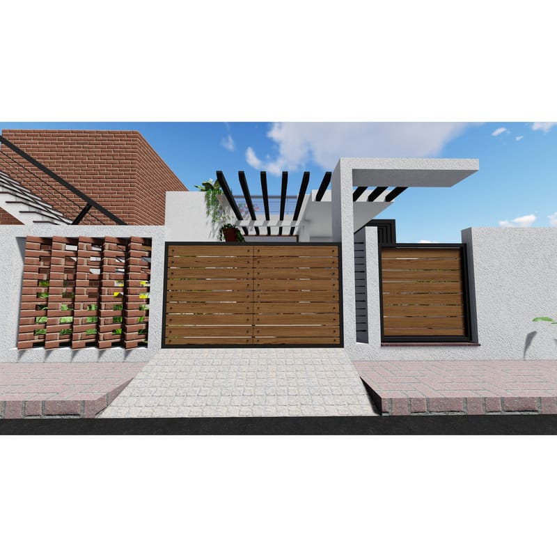 Wooden slatted compound gates with brick screen wall, pergola and paved driveway, Hyderabad home exterior