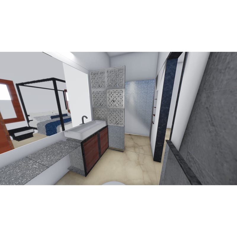 Bathroom render with wood vanity, perforated jaali screen partition, large mirror, grey stone walls and marble flooring, Hyderabad home