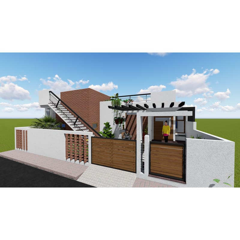 Front view of a single-storey house with brick wall, open stair, pergola carport and wooden slat compound gates, Hyderabad