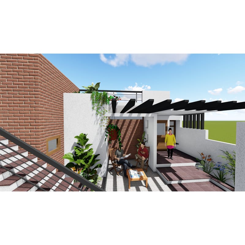 Terrace courtyard render with black steel pergola, exposed brick, hanging planters and seating, Hyderabad
