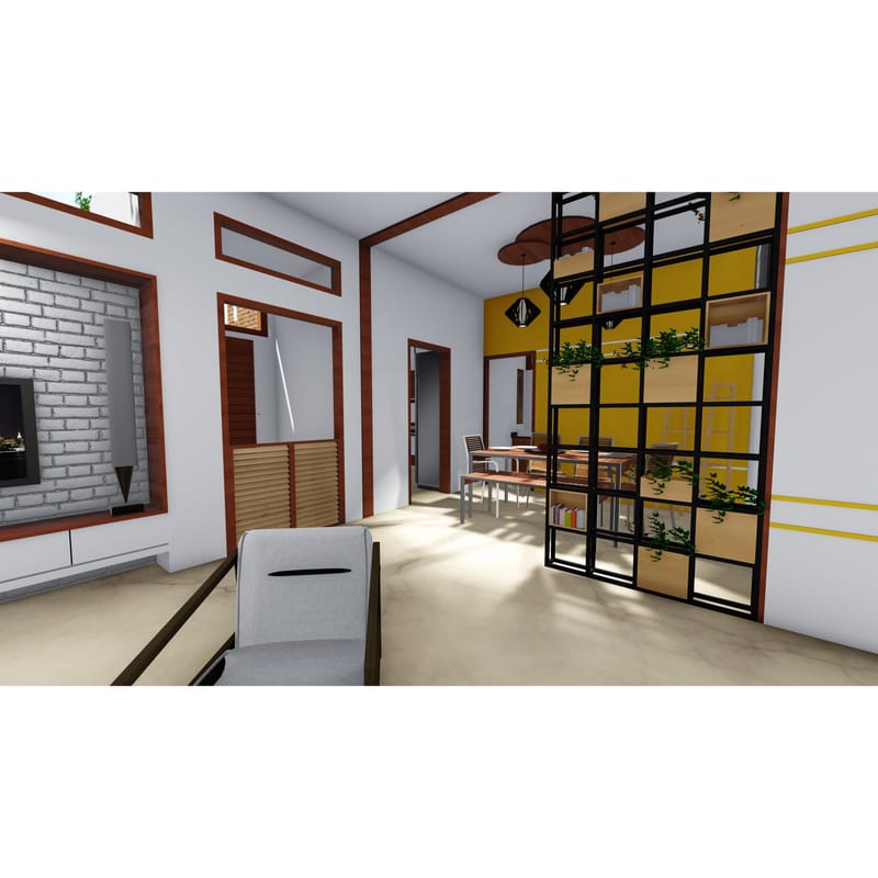 Open living-dining render with faux-brick media wall, mustard accent wall and floor-to-ceiling planted grid screen on polished floors, Hyderabad