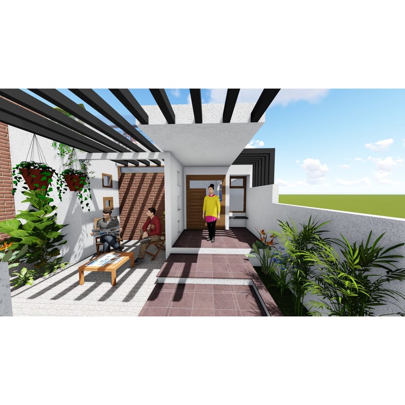 Tiled entrance courtyard with pergola, wood-panel door, planters and seating, Hyderabad residence render